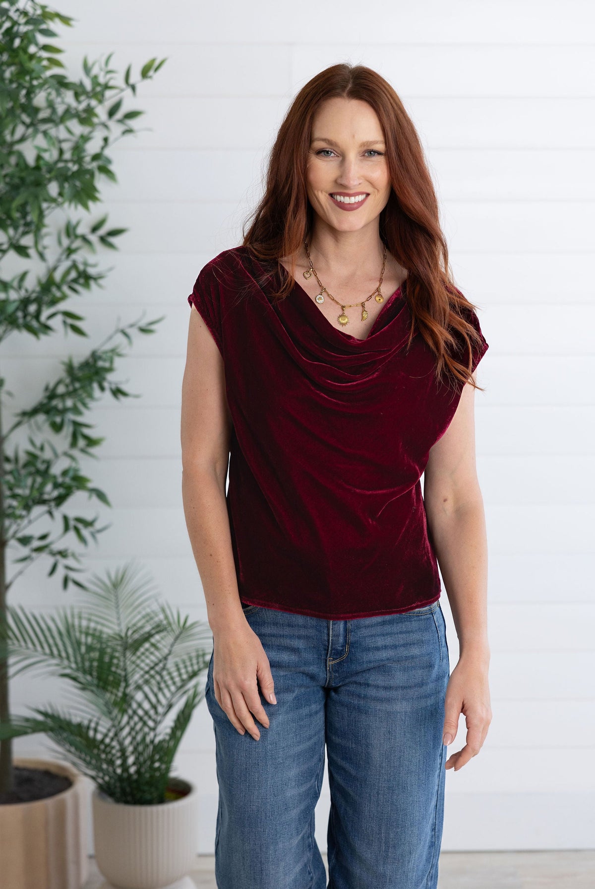 Burgundy Velvet Cowl Top