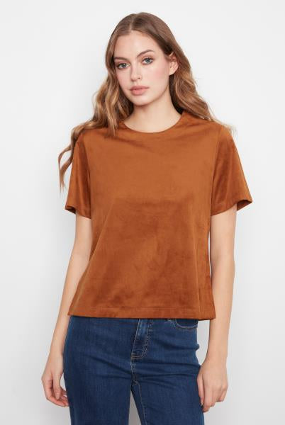 Faux Suede Short Sleeve Top With Back Zipper