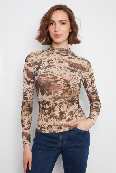 Printed Mesh Long Sleeve Mock Neck Top Lined At Body