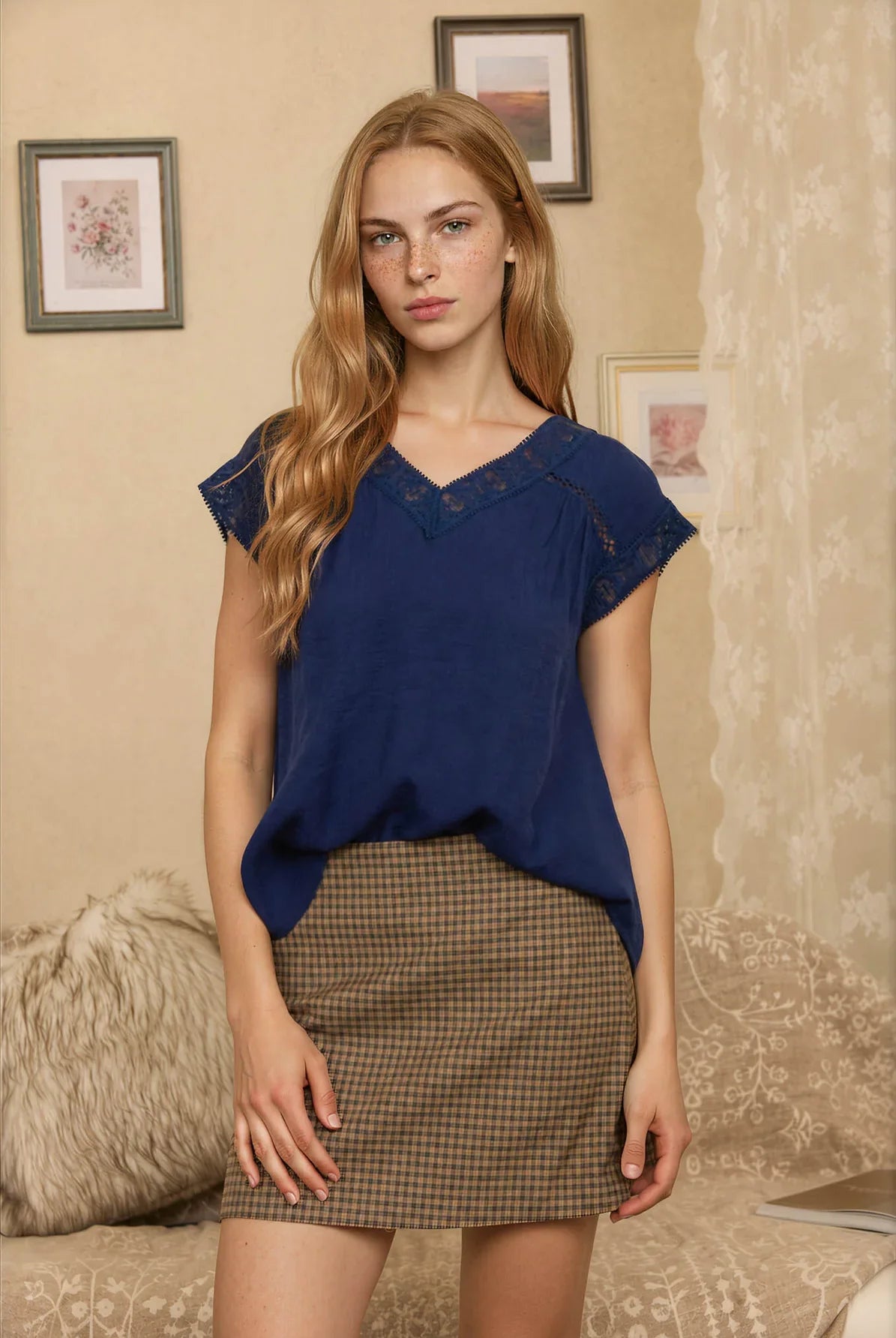 Lace Trim V-Neck Top