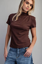 Mock Neck Gathered Shoulder Top