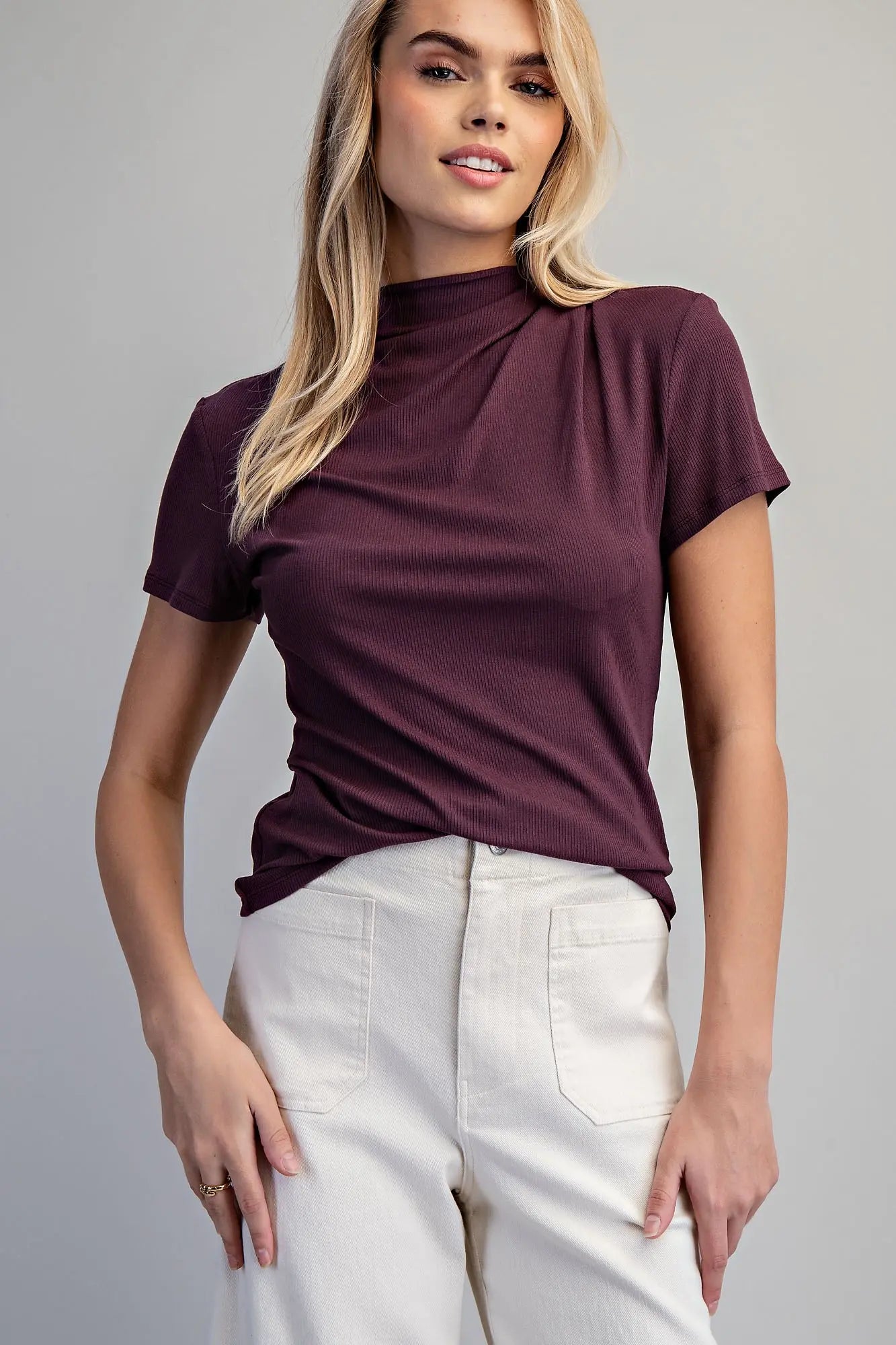 Mock Neck Gathered Shoulder Top