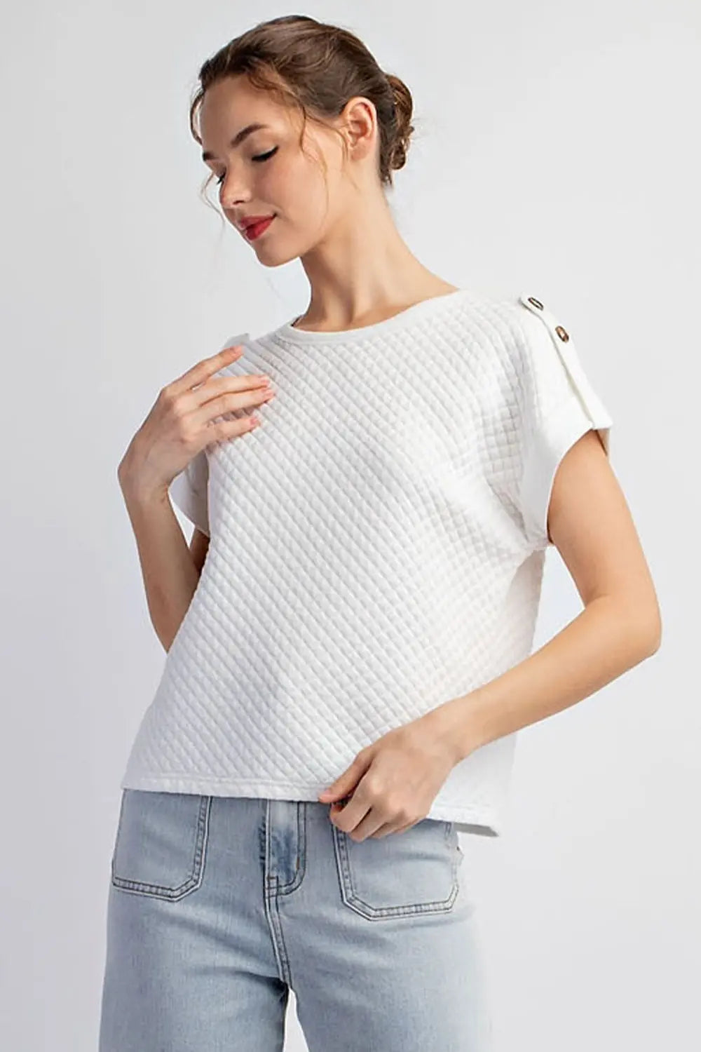 Textured Short Sleeve Top w/Button Detaiol