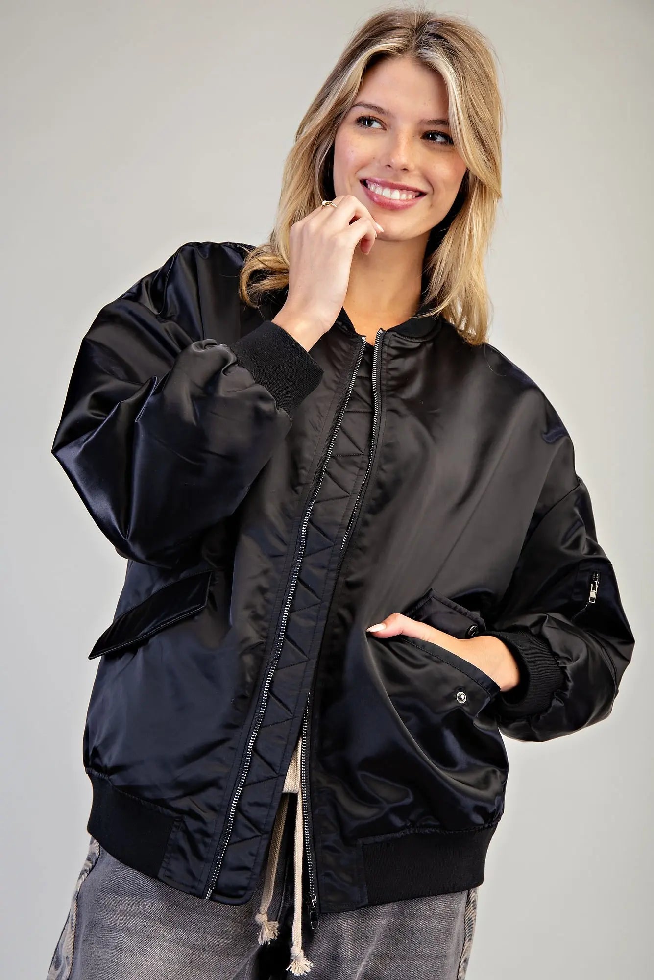 Faux Leather Bomber w/zipper detail