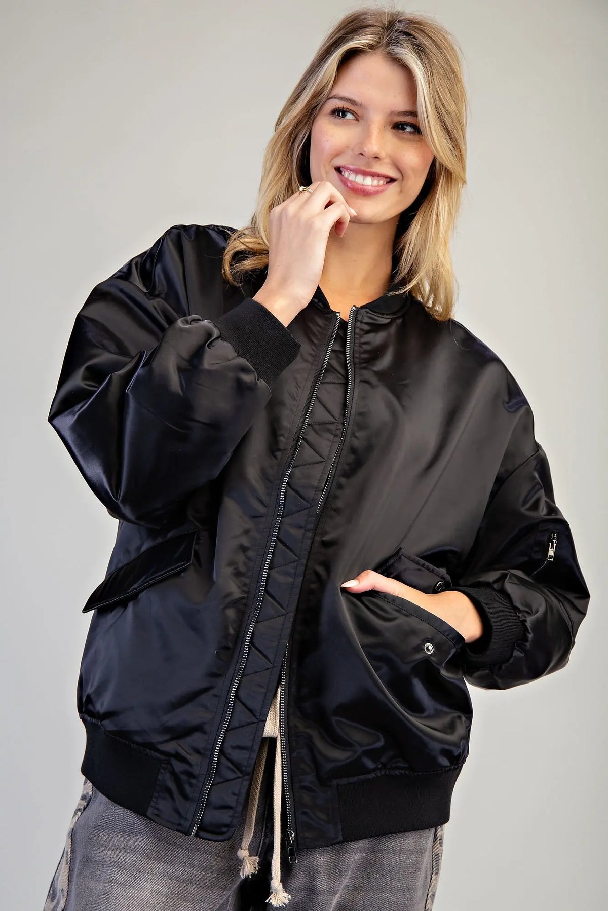 Faux Leather Bomber w/zipper detail