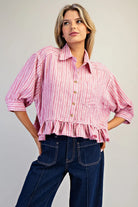 Striped Button Down Ruffle Hem Shirt