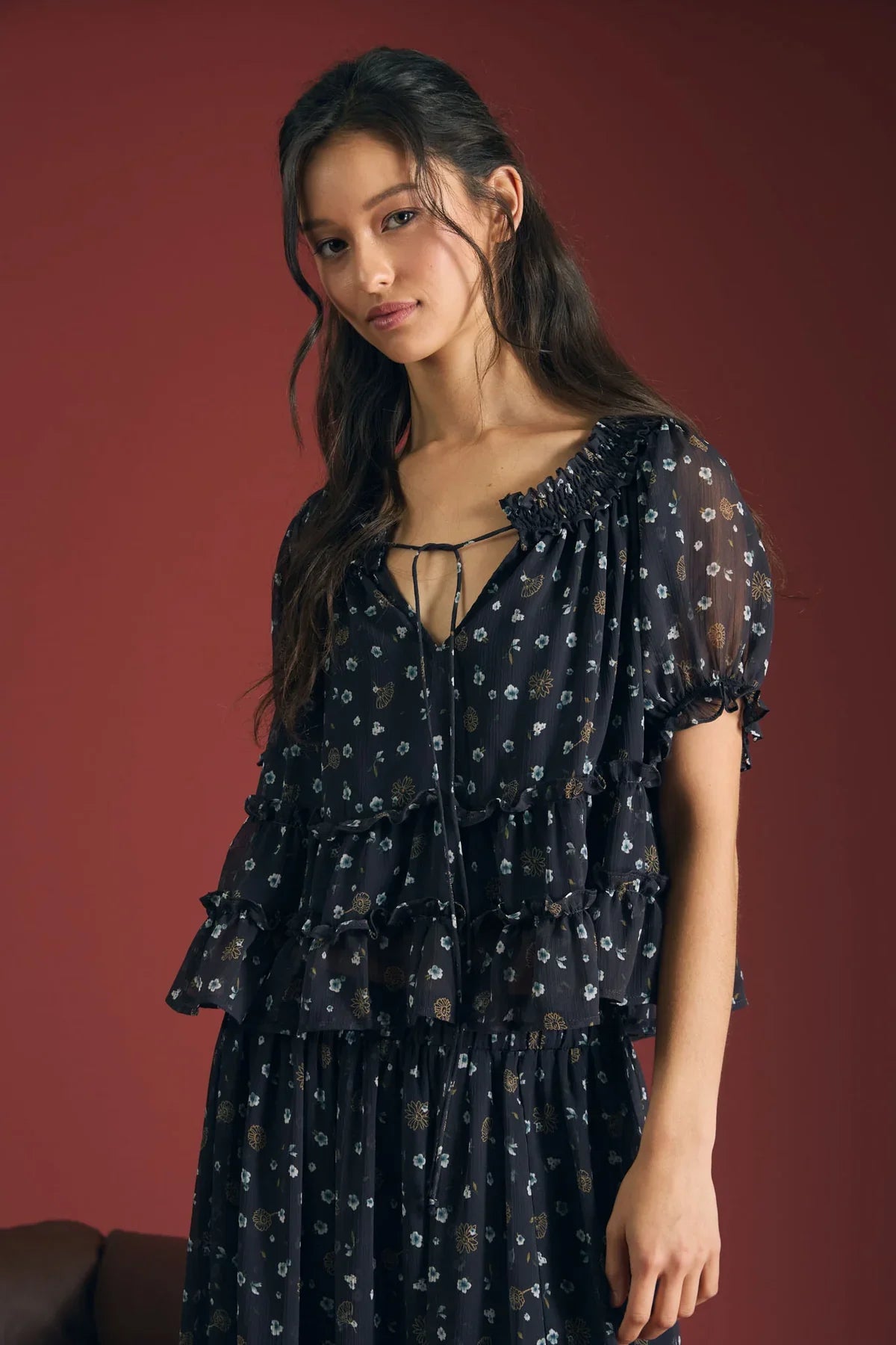 Smocked Sleeve Tie Front Blouse