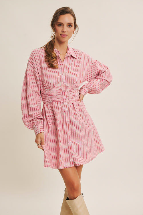 Stripe Ruched Button Down Dress