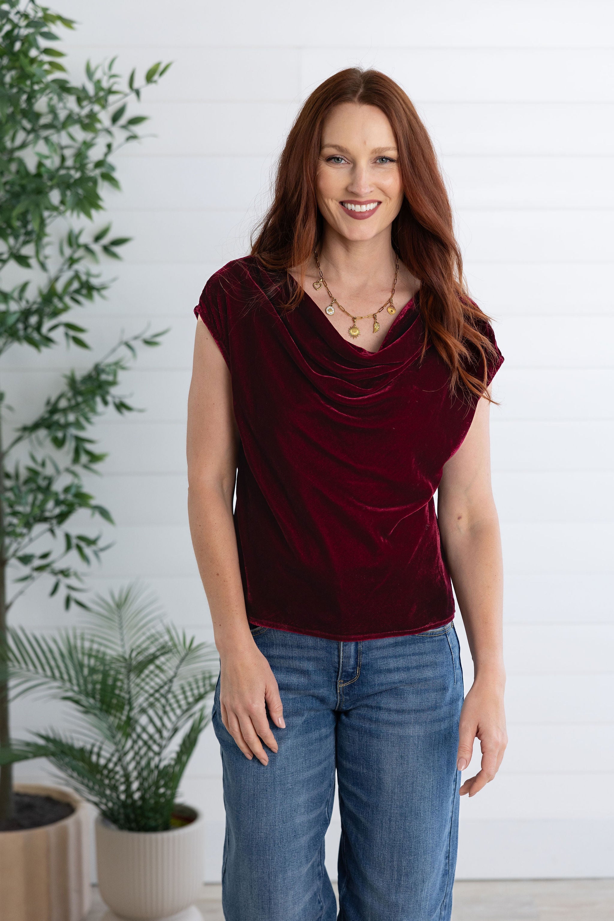 Burgundy Velvet Cowl Top