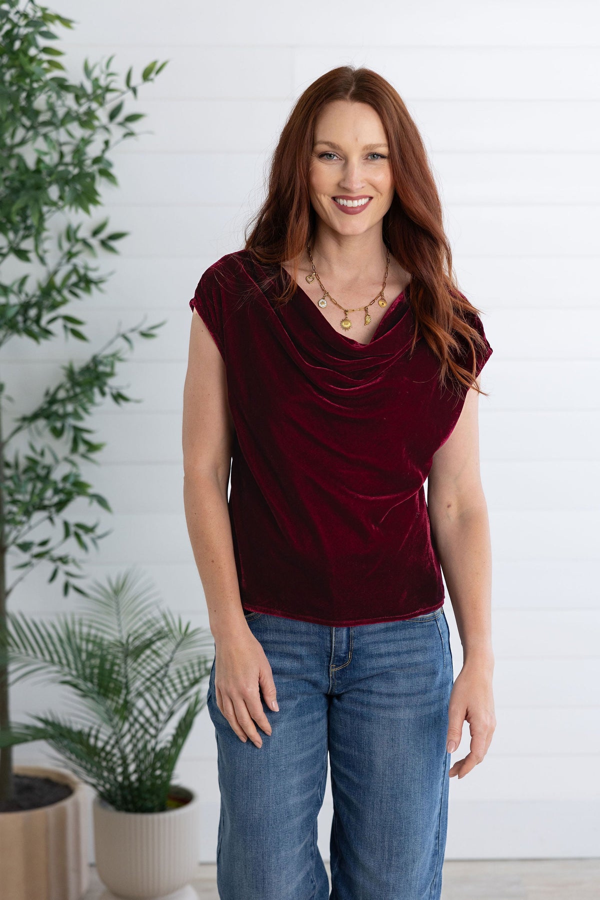 Burgundy Velvet Cowl Top