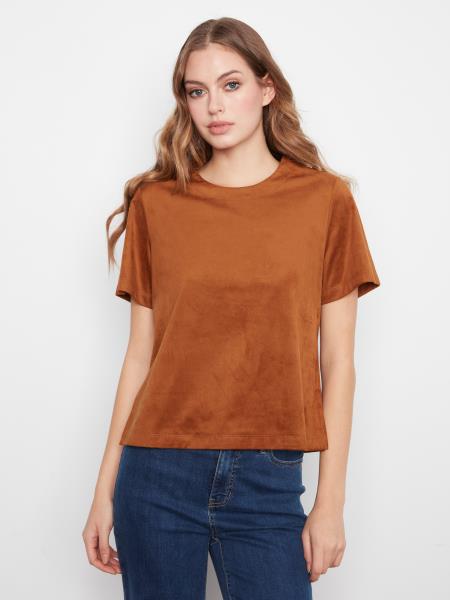 Faux Suede Short Sleeve  Top With Back Zipper