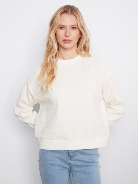 All Over Floral Flocked Double Knit  Long Sleeve Crew Neck Sweatshirt