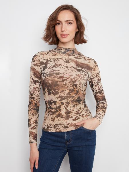 Printed Mesh Long Sleeve  Mock Neck Top Lined At Body