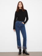 Flare Leg Denim Pants With Slits  And Embroidery At Hem