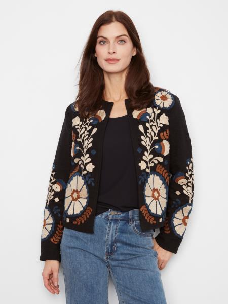 Edge to Edge Embroidered Cotton  Basketweave Collarless Jacket
